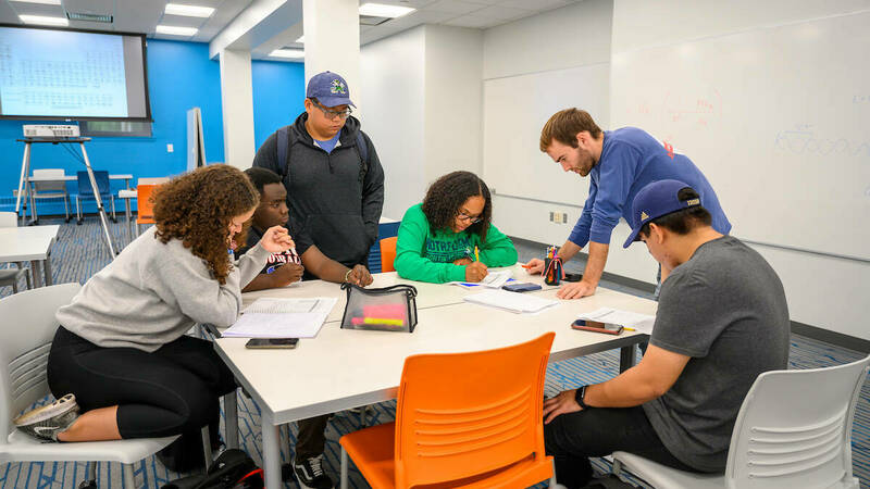A group of students working with their faculty mentor